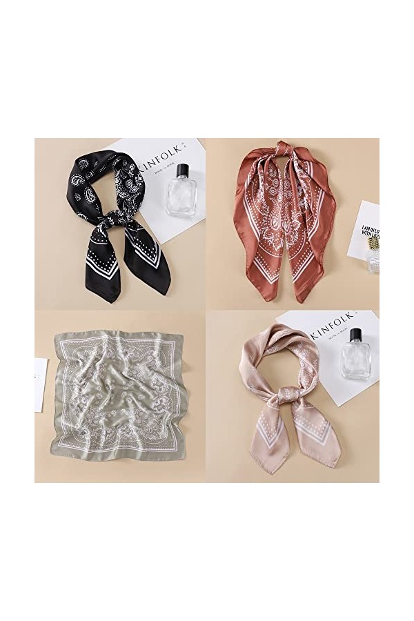 TOEECY 4 Pcs Foulard Carré Femmes Boho Square Bandana Paisley Fichus et foulards de tête Filles Satin Soie Bandanas Vintage C