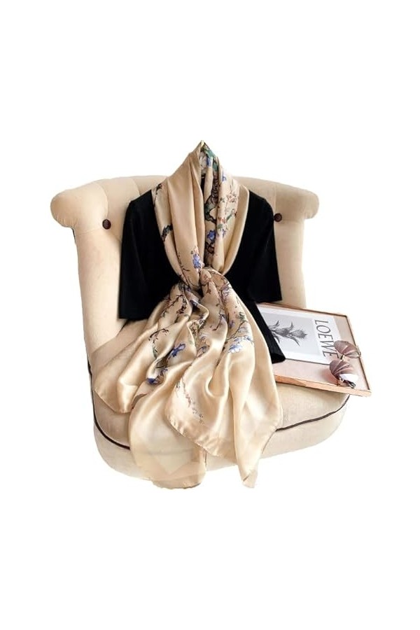 LA FERANI Foulard dété en soie beige Van Gogh - Pour femme - Léger - 180 x 90 cm - Étole en soie - Idée cadeau pour fille et