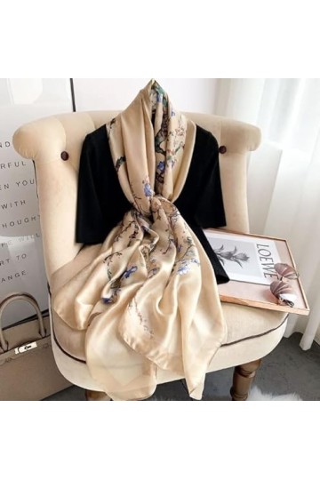 LA FERANI Foulard dété en soie beige Van Gogh - Pour femme - Léger - 180 x 90 cm - Étole en soie - Idée cadeau pour fille et