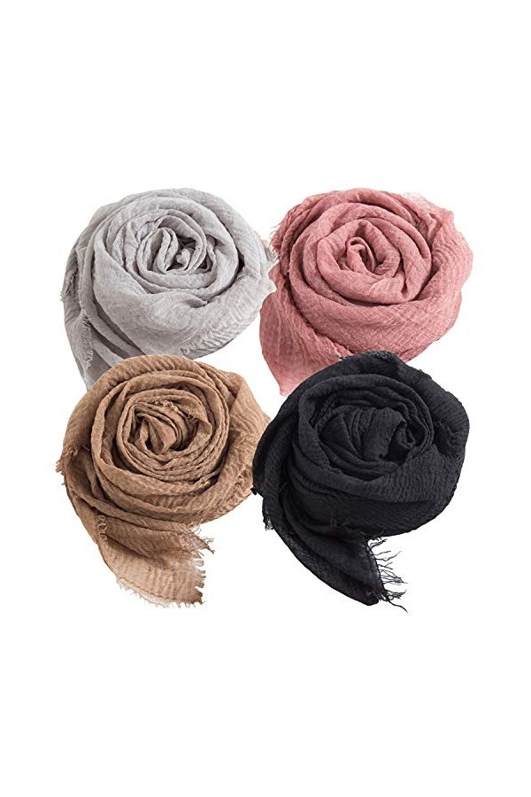 Petalum Lot de 4 Écharpes de Tête Femme Foulards Plissées Musulman Style Couleur Unie Confortable Souple Pour Printemps Autom