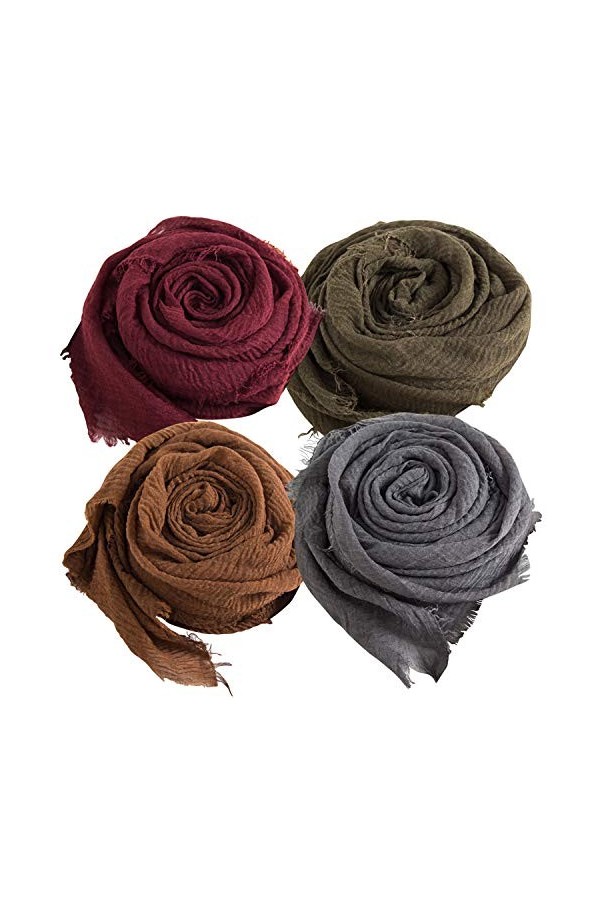 Petalum Lot de 4 Écharpes de Tête Femme Foulards Plissées Musulman Style Couleur Unie Confortable Souple Pour Printemps Autom