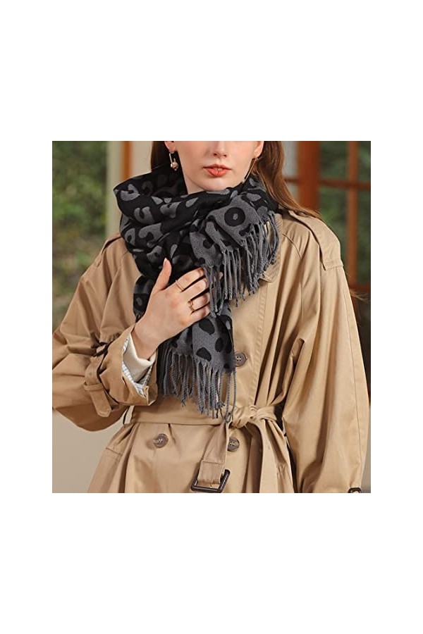 XYUAN Echarpes Et Foulards Femme,Hiver Imprimé Léopard Écharpe Dames Longues Écharpes Laine Artificielle Chaude Châle Gland É