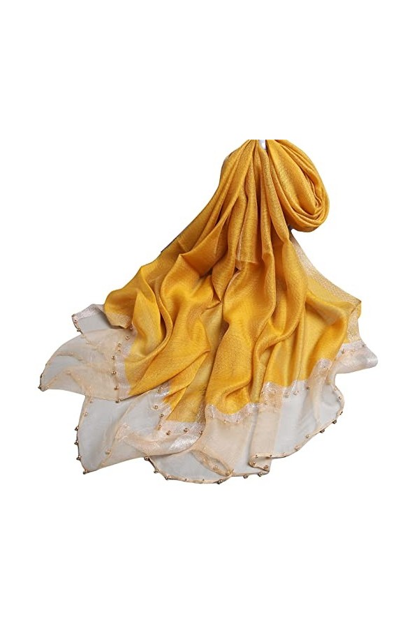 WEIGEER Écharpe en soie pour femme - Perles brodées à la main - Gris - Noir - Tissu en soie pur - Col rond - Longue tête - Fo