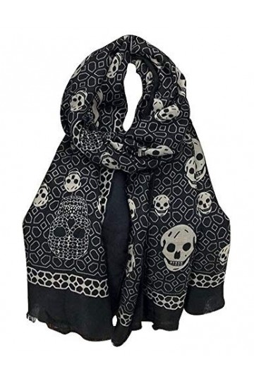 Générique Foulard, écharpe imprimé tête de mort, 180 x 100 cm, fond noir. Vendeur français.