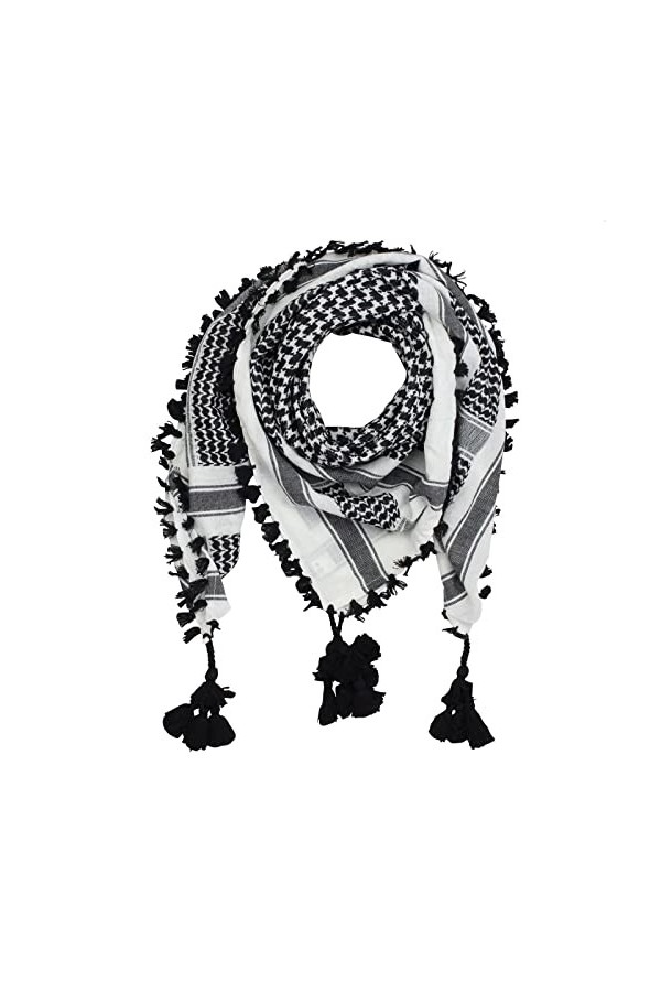 Freak Scene Kufiya Desert premium - blanc-noir - fringe et bobines noir - 100 x 100 cm - Shemagh - foulard Arafat palestinien