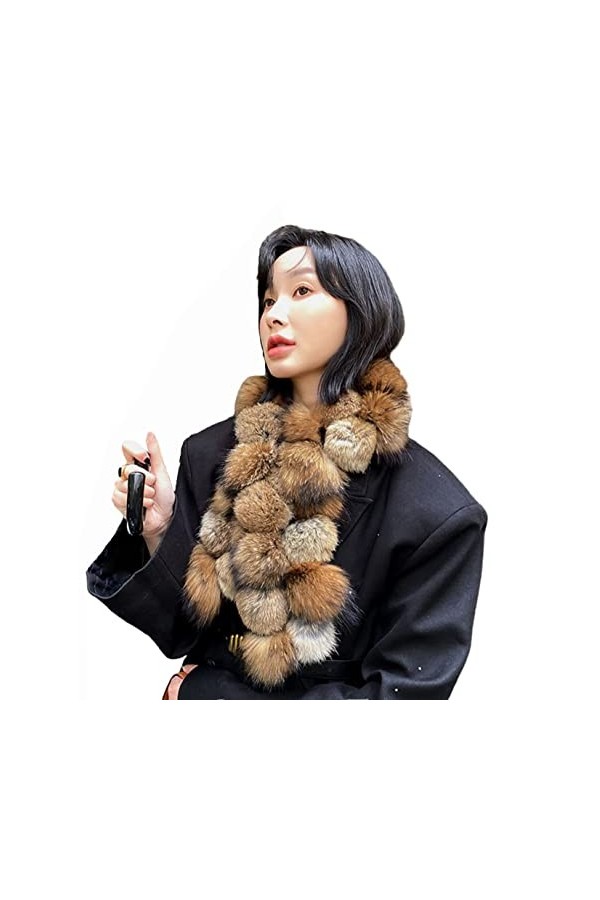 XUYUZUAU Femmes Écharpe dhiver Véritable Fourrure de Lapin Fourrure de Raton Laveur Écharpes Pompon Chauffe-cou 100x13cm
