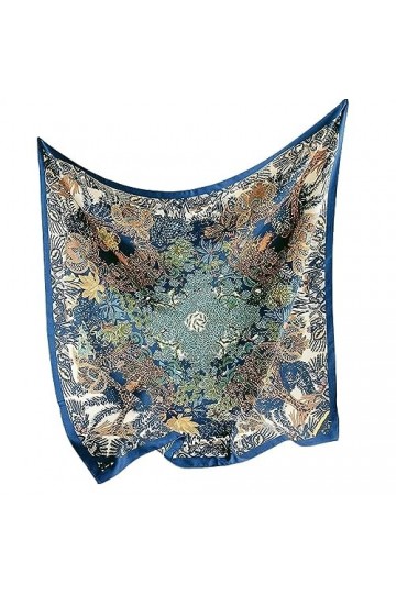 Foulard en soie for femmes, 90CM, imprimé plante et fleur, peinture à la main, foulards carrés Color : BLUE, Size : 90CM x 9