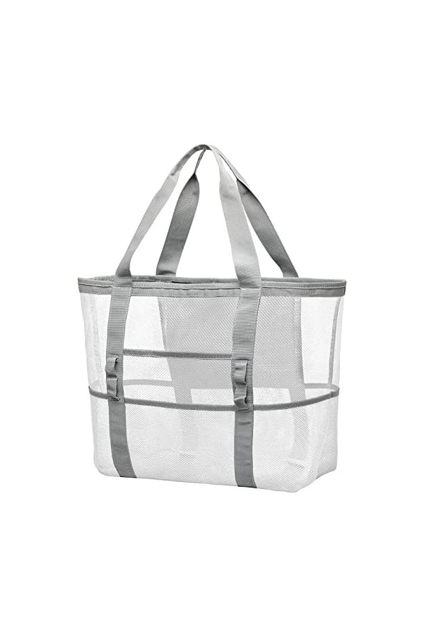 Sac de plage, sac de plage, sac de plage surdimensionné en maille, 9 poches, sac de plage pour jouets de plage, Blanc, 38,1 x