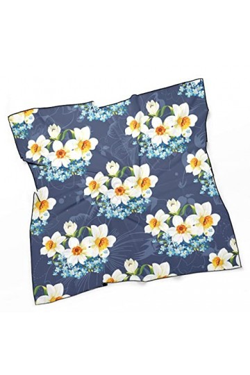 RAUP 27" Soie Carrée Comme Foulards Carrés, Motif Floral Jonquilles Forgetmenots Mode Soie Sensation Écharpe Moyen Carré Sati