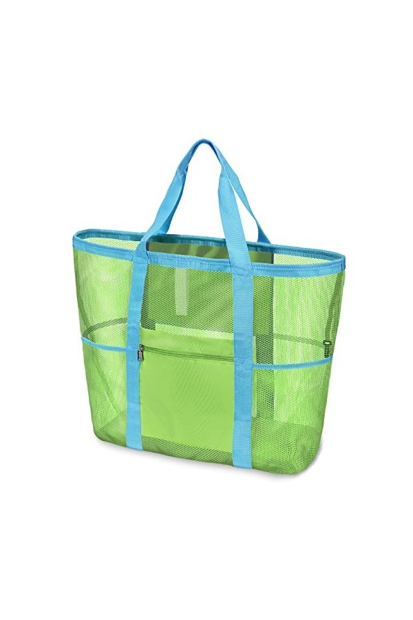 Sac de plage, sac de plage, sac de plage surdimensionné en maille, 9 poches, sac de plage pour jouets de plage, Blanc, 38,1 x