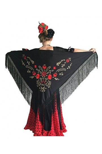 La Senorita Foulard Ceinture Chale De Danse Flamenco Broderie Frange noir rouge d or