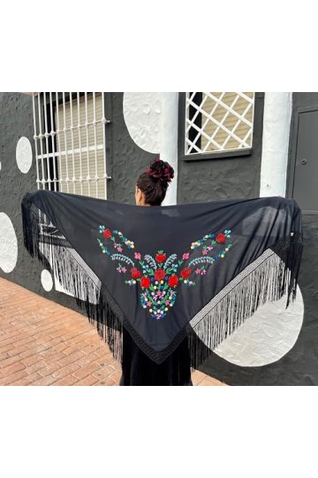 La Senorita Foulard Ceinture Chale De Danse Flamenco Broderie Frange noir différentes fleurs colorées