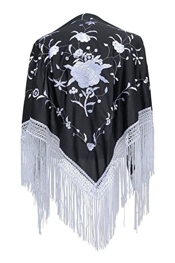 La Senorita Foulard Ceinture Chale De Danse Flamenco Broderie noir blanc Frange blanc
