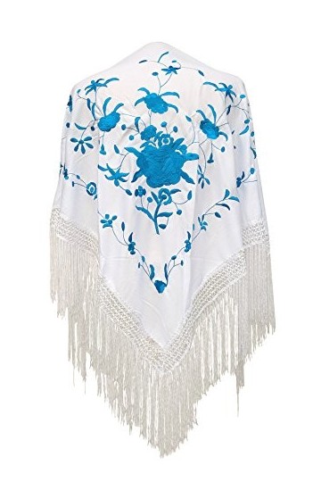La Senorita Foulard Ceinture Chale De Danse Flamenco Broderie Frange blanc bleu