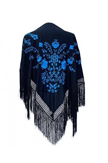 La Señorita Manton espagnol – Foulard – Noir avec fleurs bleues et franges noires – Taille M