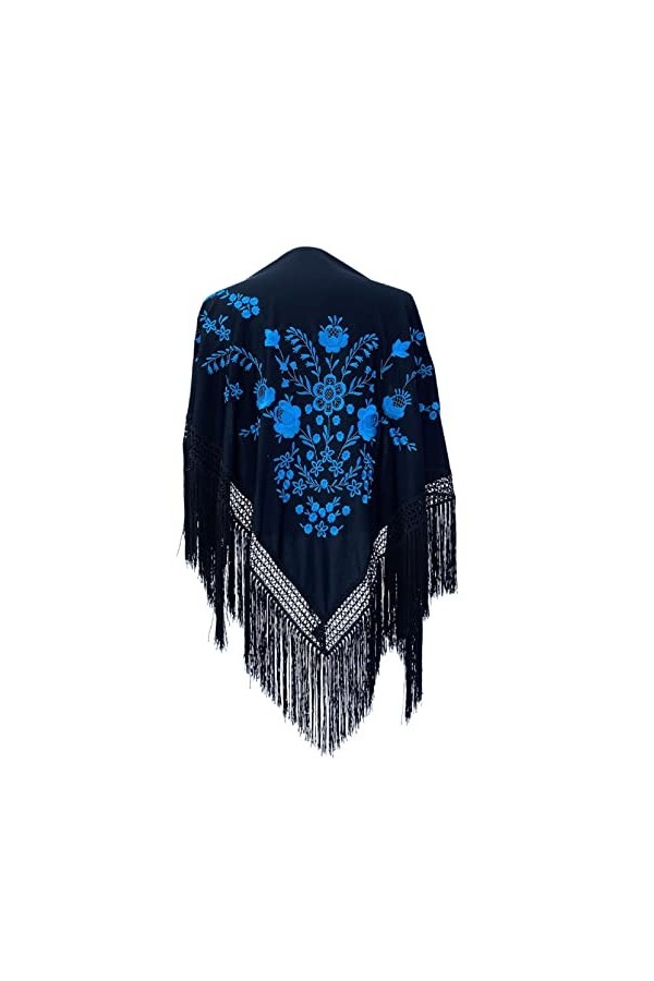 La Señorita Manton espagnol – Foulard – Noir avec fleurs bleues et franges noires – Taille M
