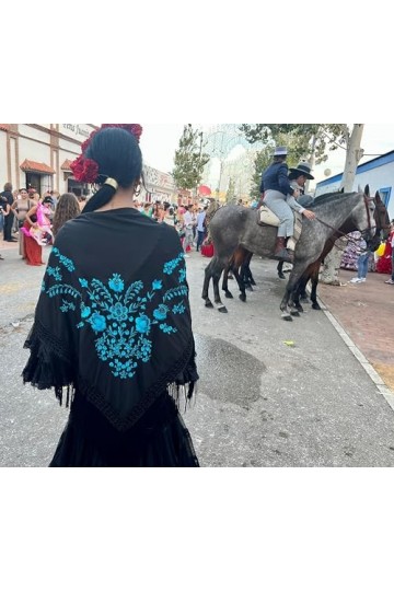 La Señorita Manton espagnol – Foulard – Noir avec fleurs bleues et franges noires – Taille M