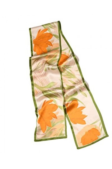 MayTree Foulard en soie fine et colorée pour femme 100 % soie mûrier tulipes orange, vert, 16 x 145 cm, Orange vert.