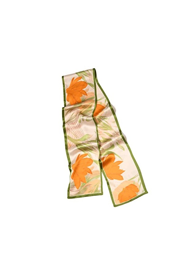 MayTree Foulard en soie fine et colorée pour femme 100 % soie mûrier tulipes orange, vert, 16 x 145 cm, Orange vert.
