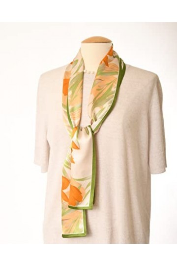 MayTree Foulard en soie fine et colorée pour femme 100 % soie mûrier tulipes orange, vert, 16 x 145 cm, Orange vert.