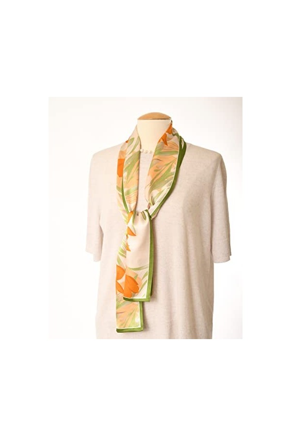 MayTree Foulard en soie fine et colorée pour femme 100 % soie mûrier tulipes orange, vert, 16 x 145 cm, Orange vert.