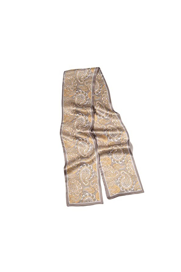 MayTree Foulard en soie fine et colorée pour femme 100% soie de mûrier cachemire beige doré 16 x 145 cm, Beige doré.