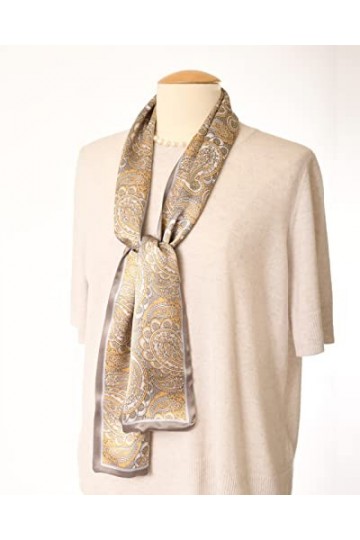 MayTree Foulard en soie fine et colorée pour femme 100% soie de mûrier cachemire beige doré 16 x 145 cm, Beige doré.