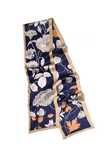 MayTree Foulard en soie fine et colorée pour femme 100 % soie de mûrier - Fleur sauvage - Blanc, bleu des deux côtés - 16 x 1