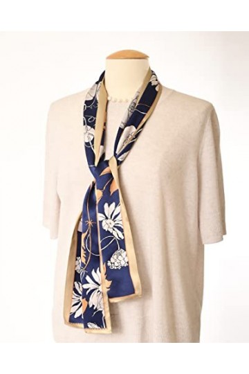 MayTree Foulard en soie fine et colorée pour femme 100 % soie de mûrier - Fleur sauvage - Blanc, bleu des deux côtés - 16 x 1