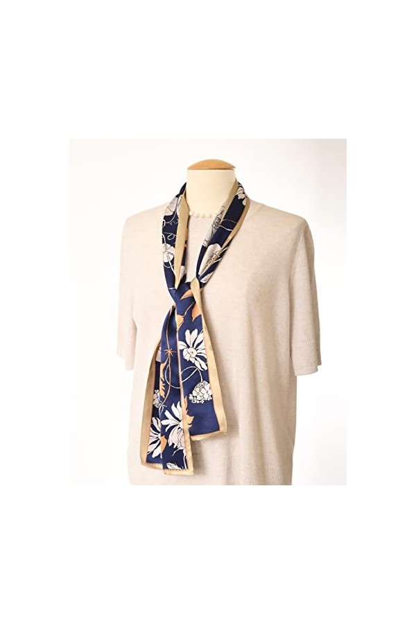 MayTree Foulard en soie fine et colorée pour femme 100 % soie de mûrier - Fleur sauvage - Blanc, bleu des deux côtés - 16 x 1