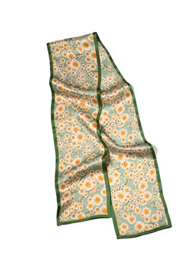 MayTree Foulard en soie fine et colorée pour femme 100 % soie de mûrier marguerite vert, orange, blanc, des deux côtés 16 x 1