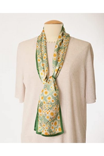 MayTree Foulard en soie fine et colorée pour femme 100 % soie de mûrier marguerite vert, orange, blanc, des deux côtés 16 x 1