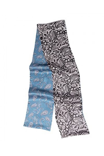 MayTree Foulard fin en soie colorée pour femme 100 % soie de mûrier, cachemire, bleu, noir et blanc, double face, 16 x 145 cm