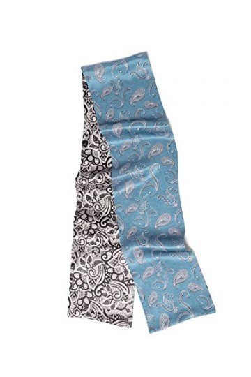 MayTree Foulard fin en soie colorée pour femme 100 % soie de mûrier, cachemire, bleu, noir et blanc, double face, 16 x 145 cm