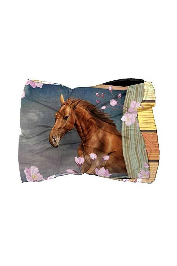 FVQL Écharpes longues et légères pour femmes foulard en soie, Planche de bois fleurie et cheval