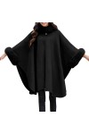 Manteau en laine mi-long avec col à cheveux, cape châle foulard triangulaire pour femme, Noir , XXL