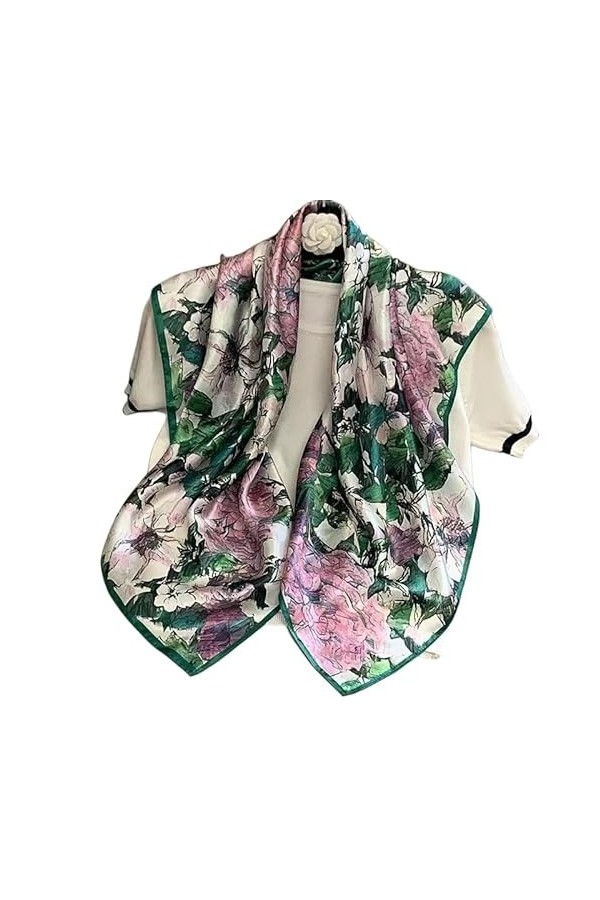 KIZAMI Écharpe carrée en soie de mûrier 100% naturelle, motif imprimé, 90x90cm, grande écharpe légère de luxe pour cheveux et