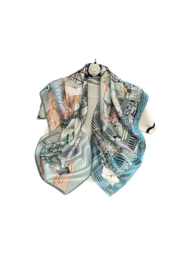 KIZAMI Écharpe carrée en soie de mûrier 100% naturelle, motif imprimé, 90x90cm, grande écharpe légère de luxe pour cheveux et