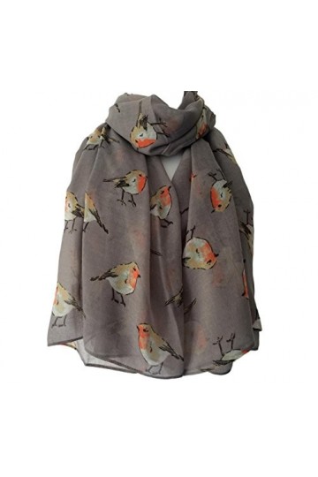 Foulard imprimé rouge-gorge gris pour femme, grand châle doiseaux, rouge-gorges dimensions : 180 x 80 cm , gris, L