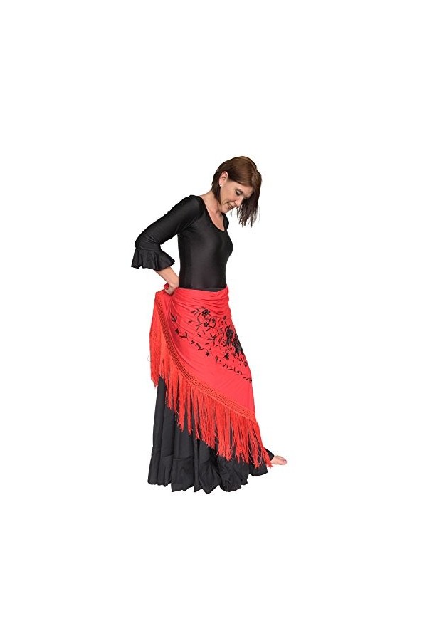 La Senorita Foulard Ceinture Chale De Danse Flamenco Broderie rouge noir Frange rouge Large