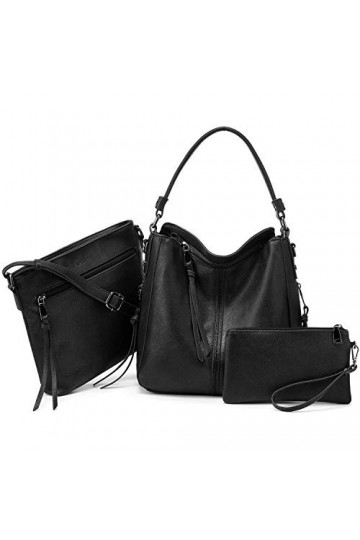 Realer Sac a Main Femmes Cuir Synthétique Sac a Main Camel Grand Sac à Bandoulière Portefeuille Set 3pcs Noir