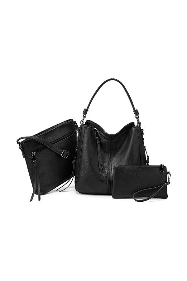 Realer Sac a Main Femmes Cuir Synthétique Sac a Main Camel Grand Sac à Bandoulière Portefeuille Set 3pcs Noir