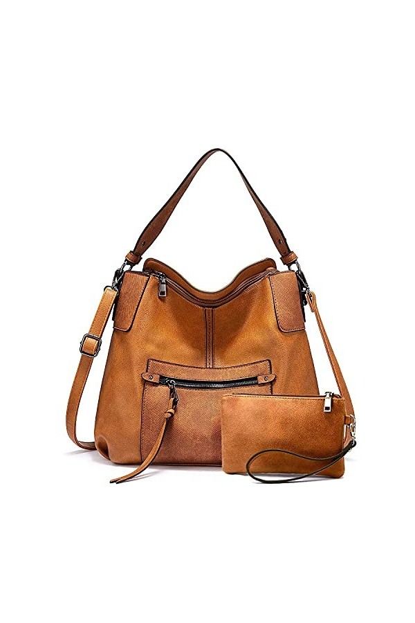 Realer Sac a Main Femmes PU Cuir Synthétique Grand Sac Bandoulière Femme Fourre Marron