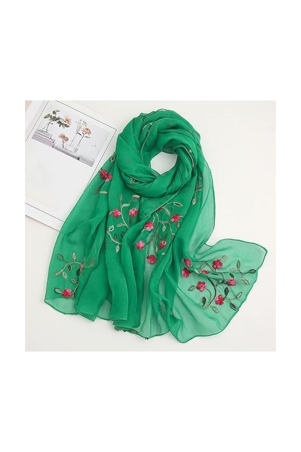 DEPILA Hijab Floral brodé uni, écharpe châle en Mousseline de Soie à la Mode for Femmes Foulards Color : Bright Green, Size 