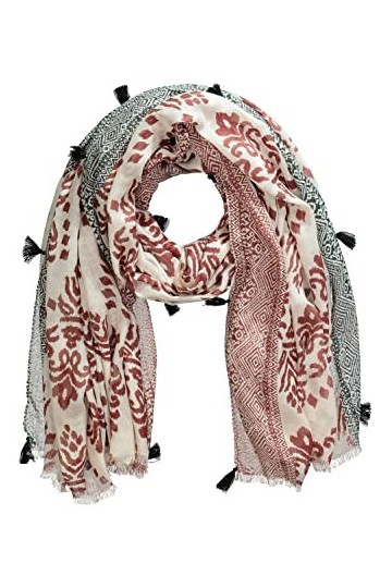 Ulla Popken Femme Grandes tailles Foulard. Imprimé patchwork ethnique. Pompons. Bords frangés. rouge bordeaux 1Size 819974540