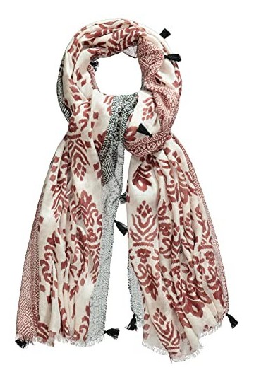 Ulla Popken Femme Grandes tailles Foulard. Imprimé patchwork ethnique. Pompons. Bords frangés. rouge bordeaux 1Size 819974540