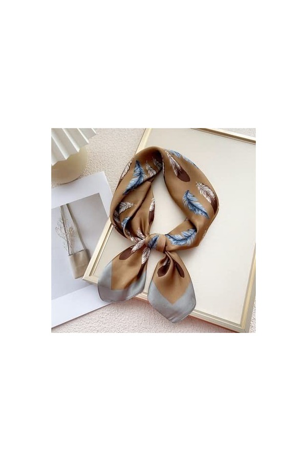 DEPILA Femmes Bandeau Châle, Élégant Plume Imprime Satin Petit Carré Wraps Foulards Multifonction Polyester Foulard en Soie F