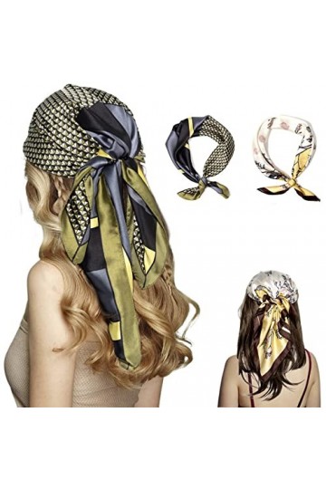 Bestshe Lot de 2 foulards carrés en satin pour femme - 69,8 cm - Emballage cadeau, 02 Grille verte, fleurs jaunes