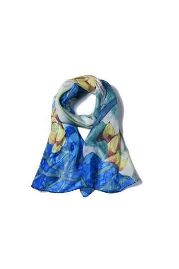 Invisible World Foulard Soie 100% Femme pour Cheveux, Cou, Tete Echarpe Longue Peint a la Main - Jardin dEau -Bleu
