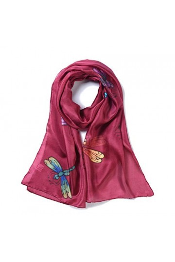 Invisible World Foulard Soie 100% Femme pour Cheveux, Cou, Tete Echarpe Longue Peint a la Main - Libellule - Bourgogne
